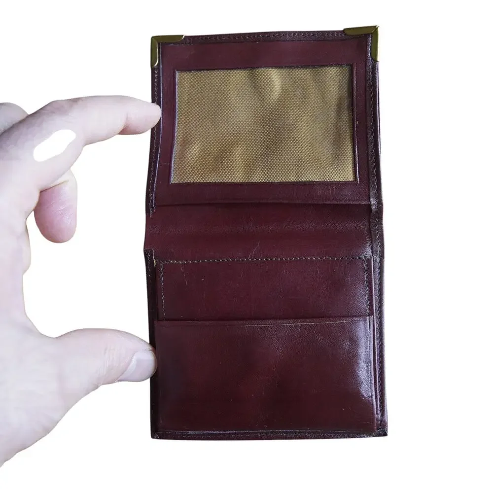 Vintage Burgundy Leather Wallet Brass Corner Guards Coin Purse ID Window